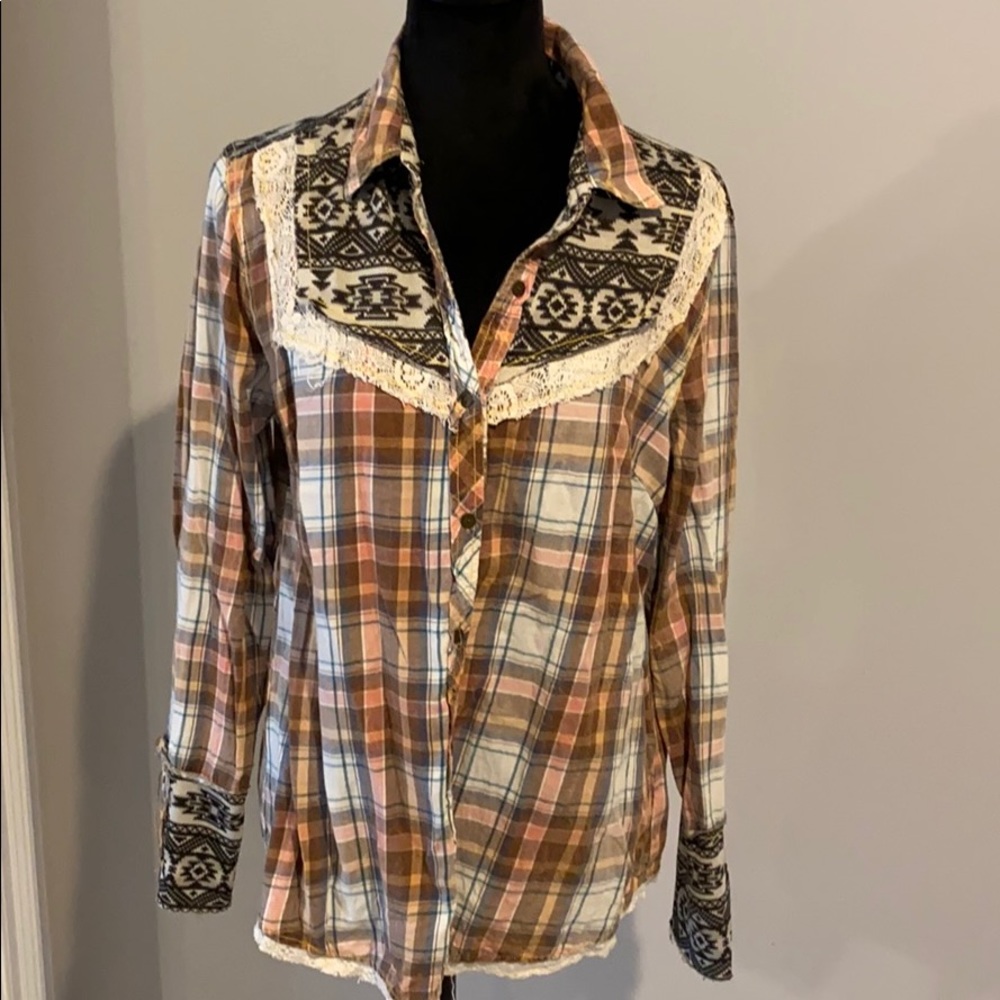 Woman’s cute destructed like new flannel shirt